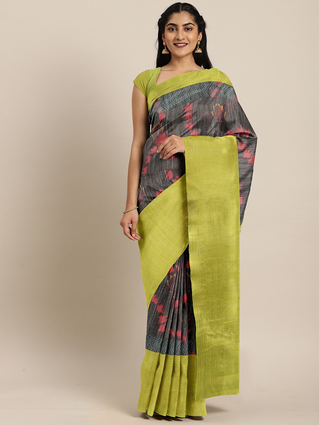 

The Chennai Silks Black & Green Floral Bhagalpuri Saree