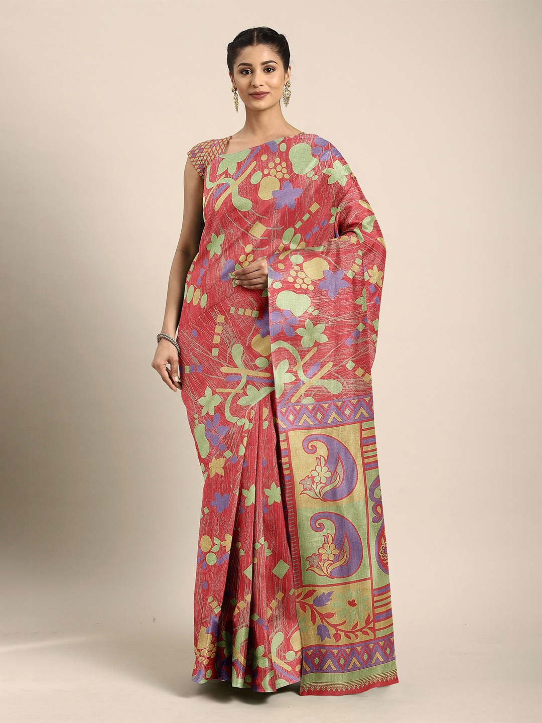 

The Chennai Silks Red & Green Floral Bhagalpuri Saree