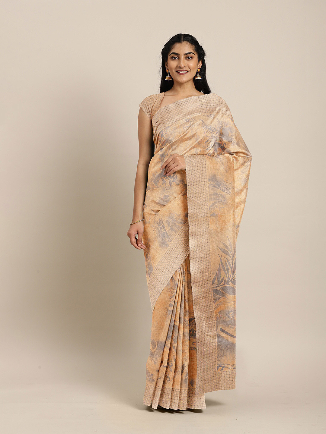 

The Chennai Silks Orange & Grey Floral Bhagalpuri Saree