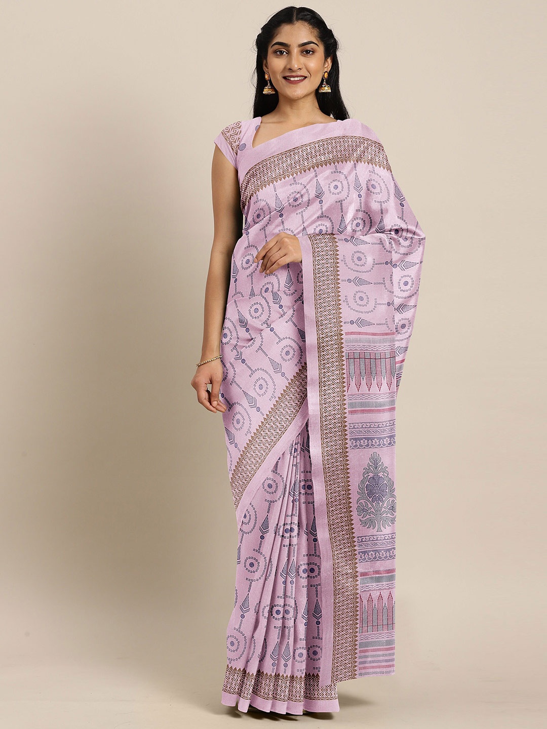 

The Chennai Silks Pink & Grey Geometric Printed Bhagalpuri Saree