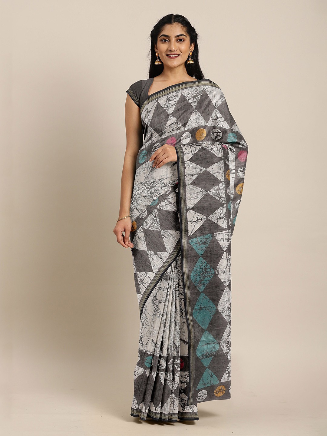 

The Chennai Silks Off White Geometric Printed Saree