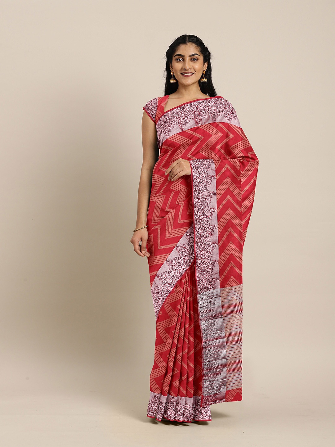 

The Chennai Silks Red & Silver-Toned Zari Jute Cotton Saree
