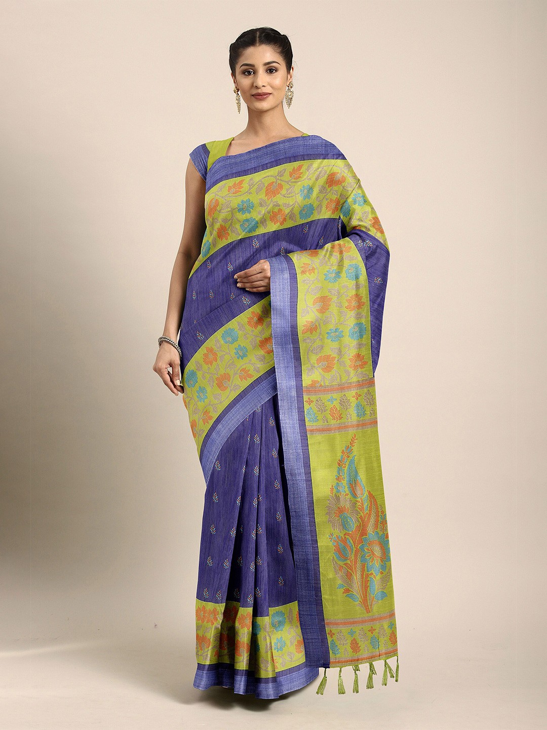 

The Chennai Silks Navy Blue & Green Ethnic Motifs Bhagalpuri Saree