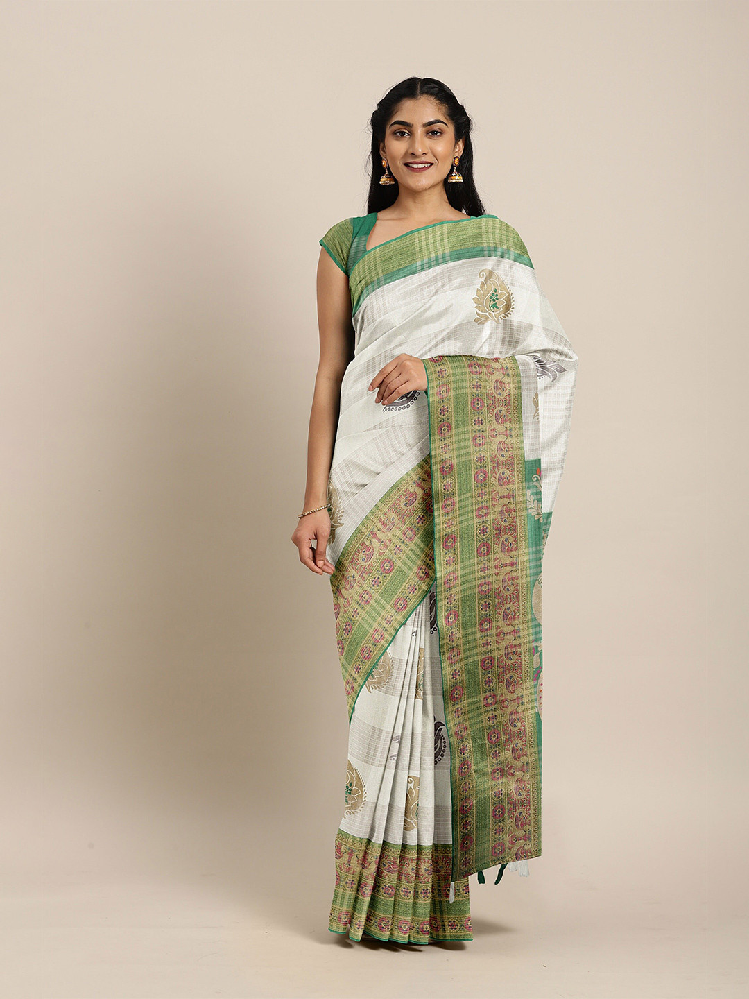 

The Chennai Silks Cream-Coloured & Green Floral Bhagalpuri Saree