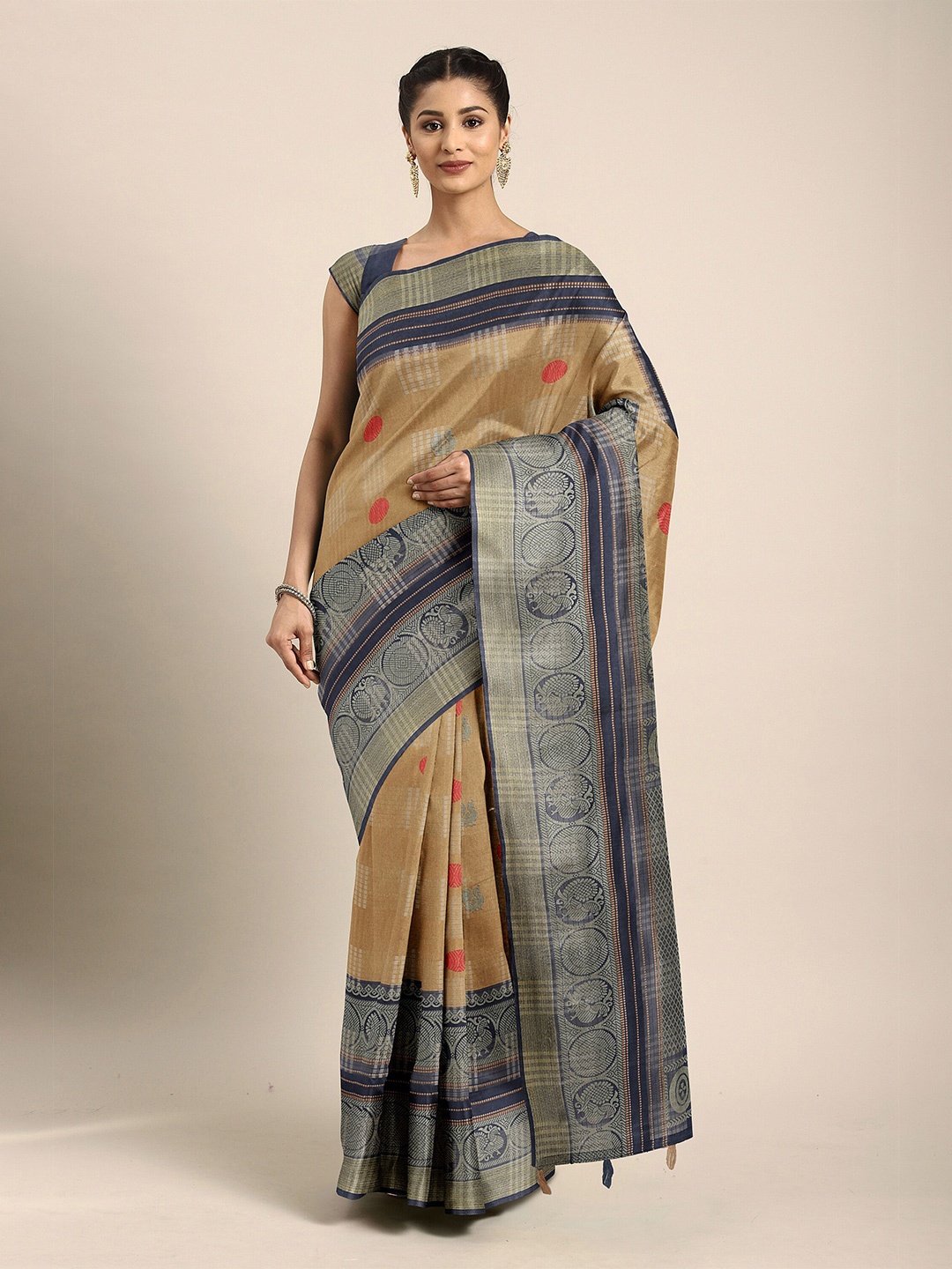 

The Chennai Silks Brown & Navy Blue Geometric Printed Zari Bhagalpuri Saree