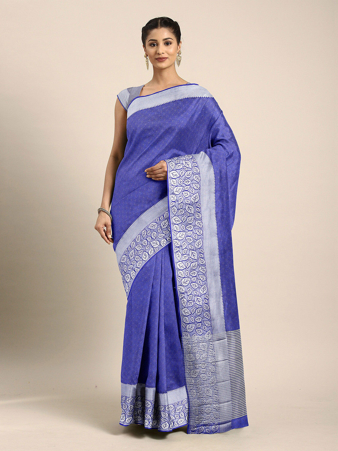 

The Chennai Silks Navy Blue & Silver-Toned Floral Jute Cotton Saree
