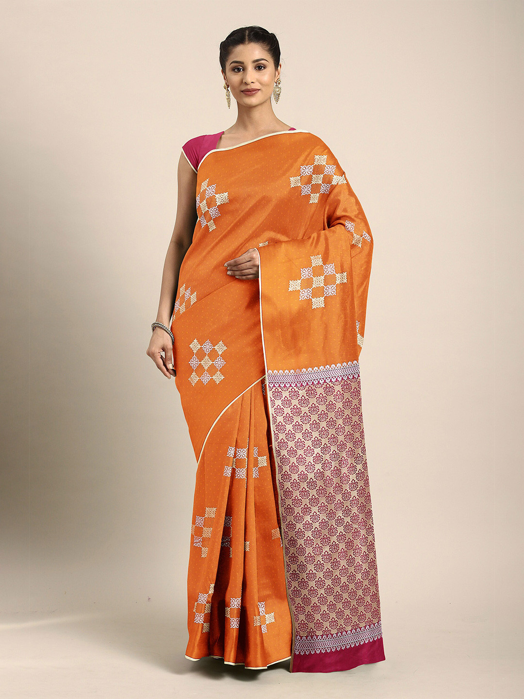 

The Chennai Silks Orange & Silver-Toned Ethnic Motifs Zari Art Silk Saree