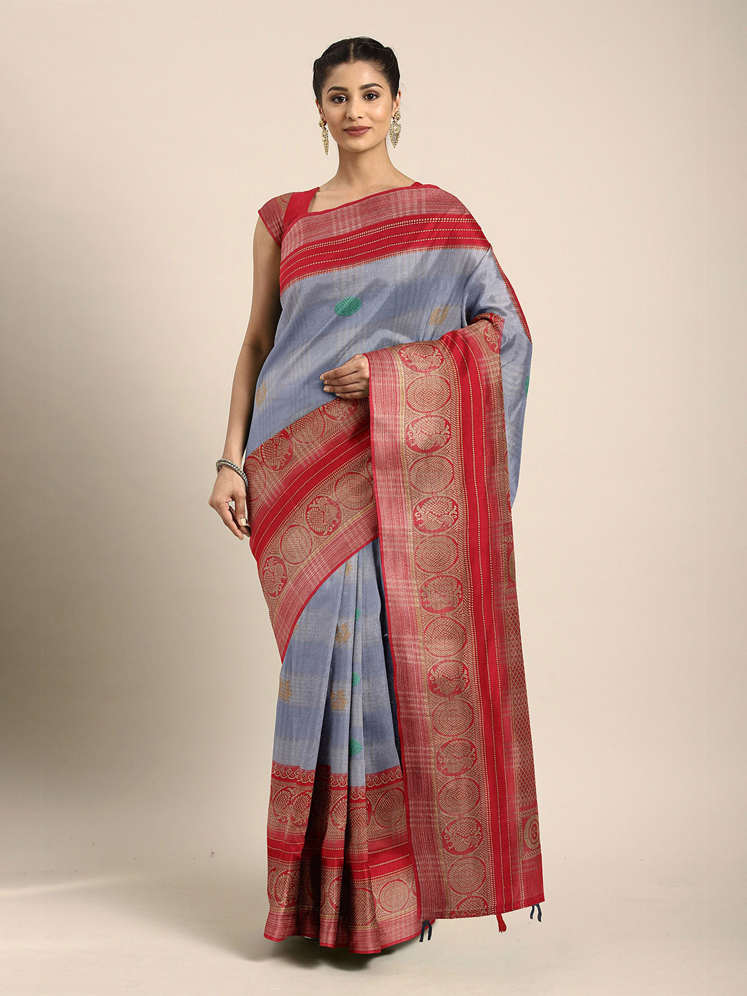 

The Chennai Silks Grey & Red Floral Bhagalpuri Saree