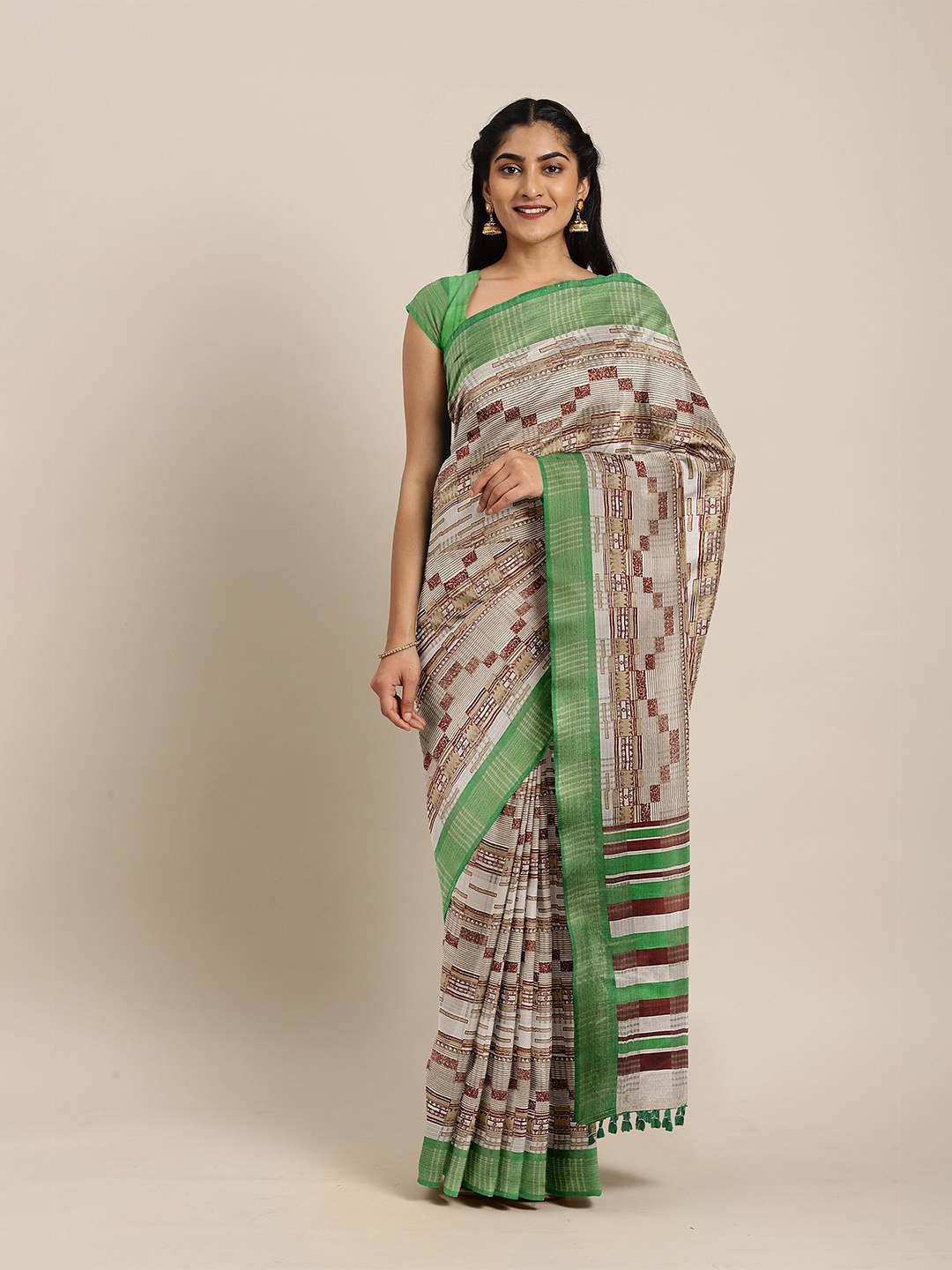 The Chennai Silks Beige & Green Bhagalpuri Saree