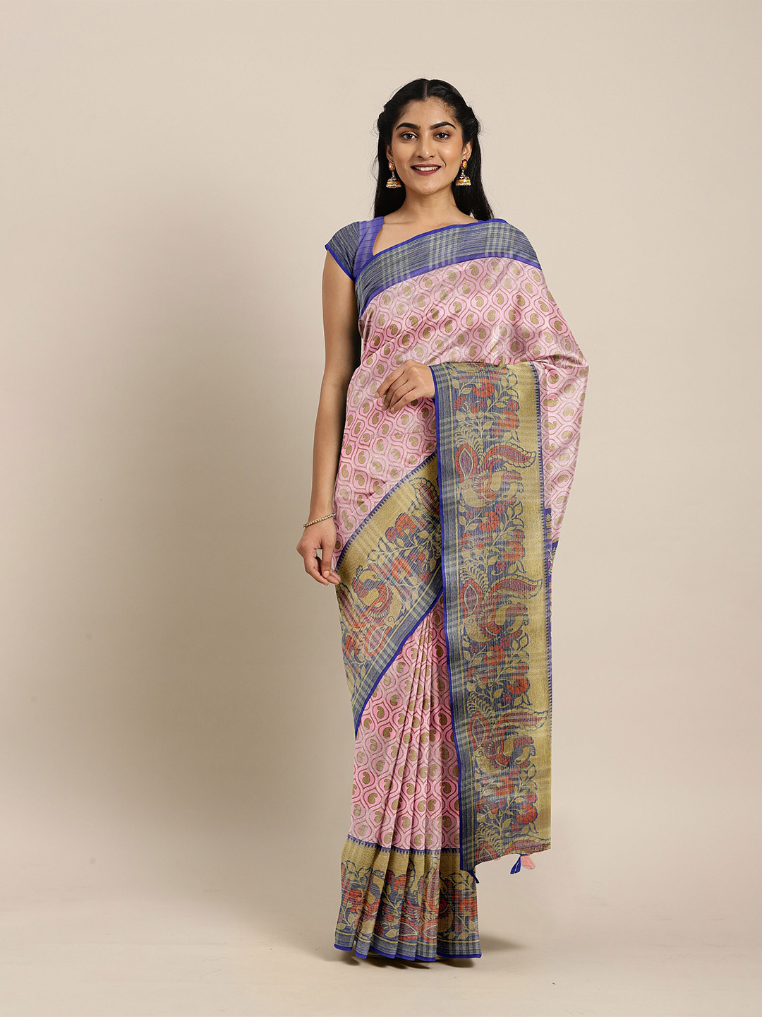 

The Chennai Silks Pink & Gold-Toned Paisley Bhagalpuri Saree