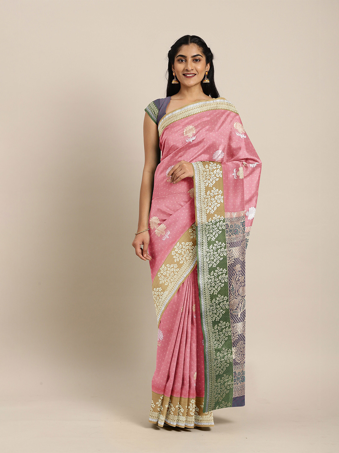 

The Chennai Silks Pink & Silver-Toned Ethnic Motifs Zari Art Silk Saree