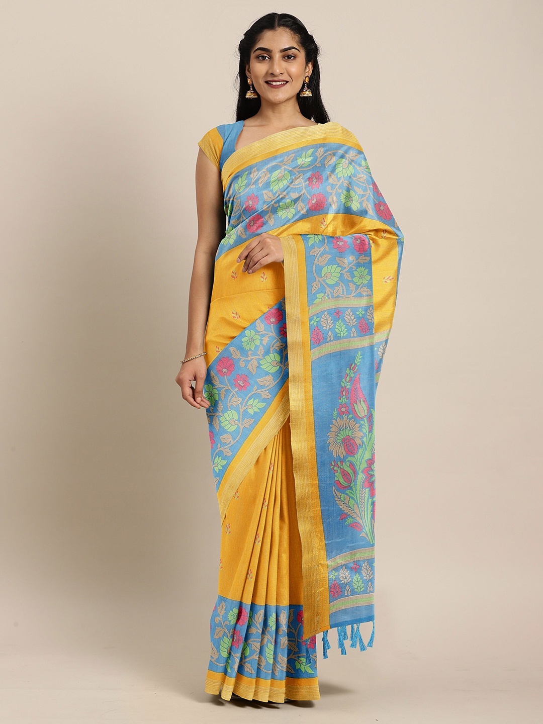 

The Chennai Silks Yellow & Blue Floral Printed Saree