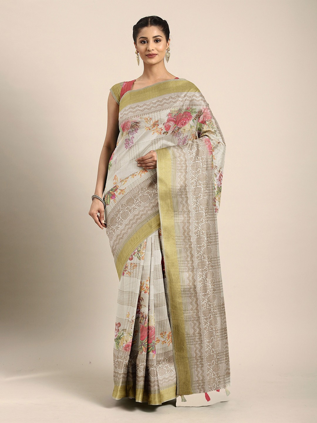 

The Chennai Silks Off White & Gold-Toned Floral Zari Fusion Bhagalpuri Saree