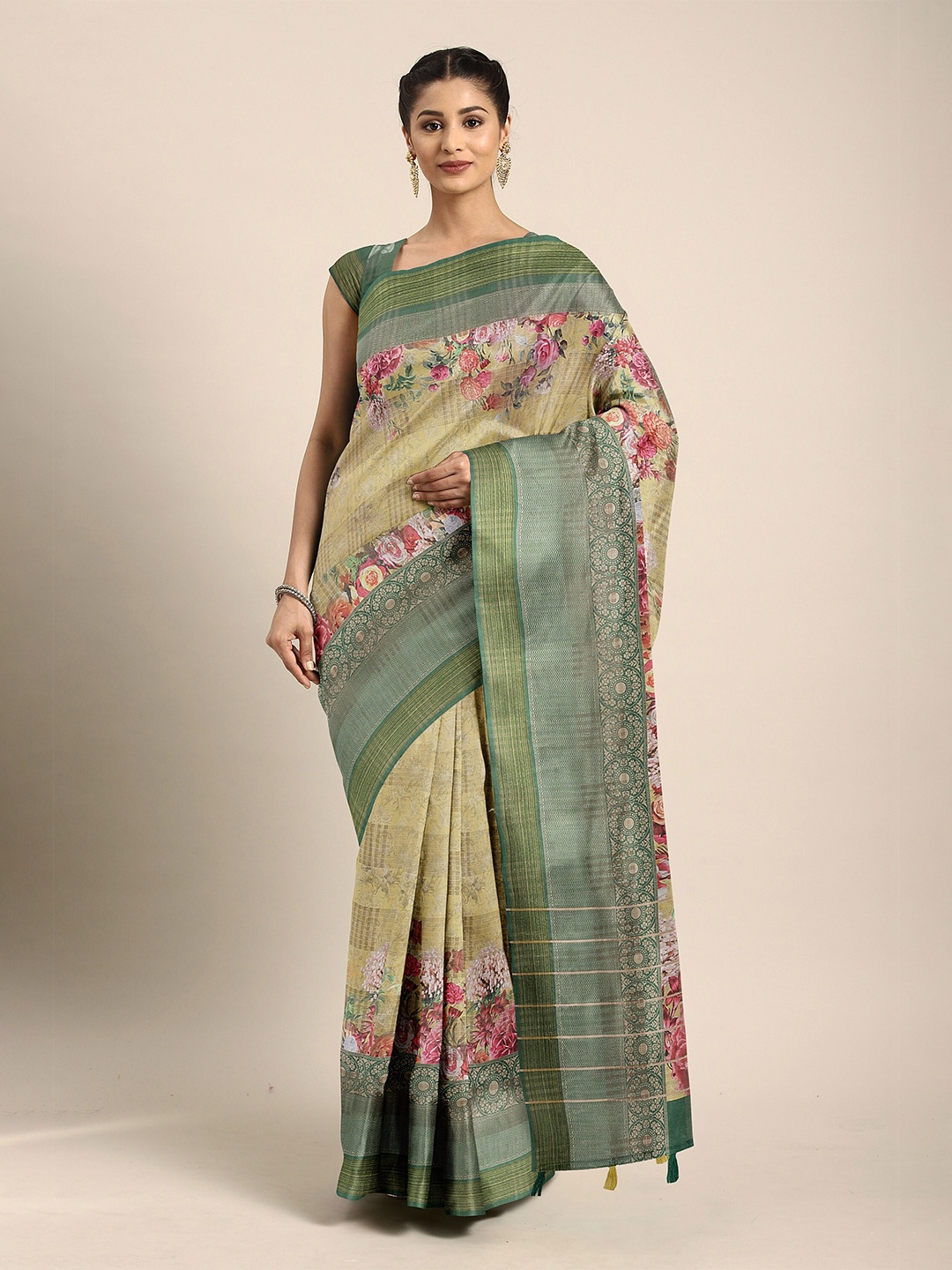 

The Chennai Silks Yellow & Pink Floral Bhagalpuri Saree