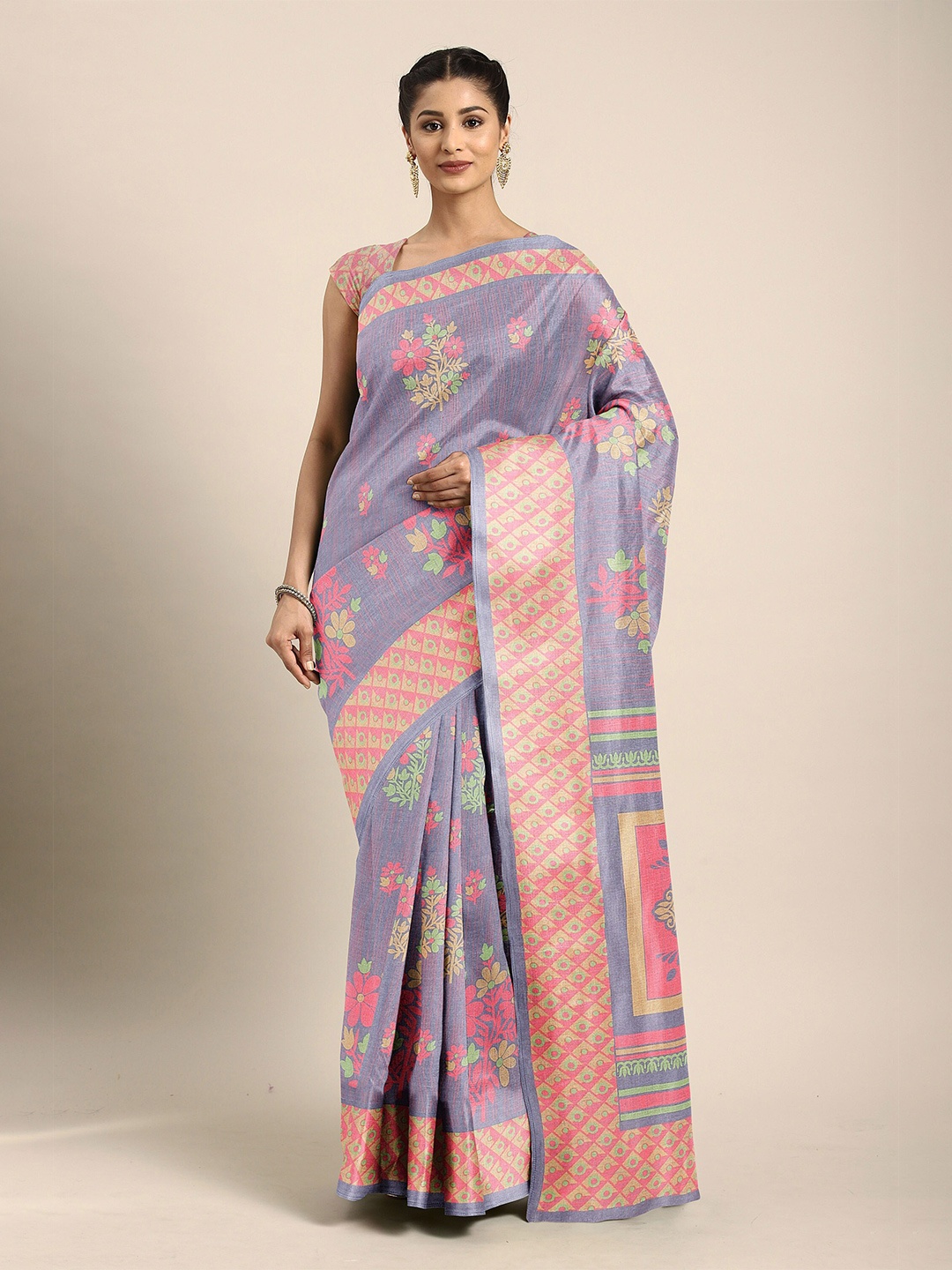 

The Chennai Silks Grey & Pink Floral Bhagalpuri Saree