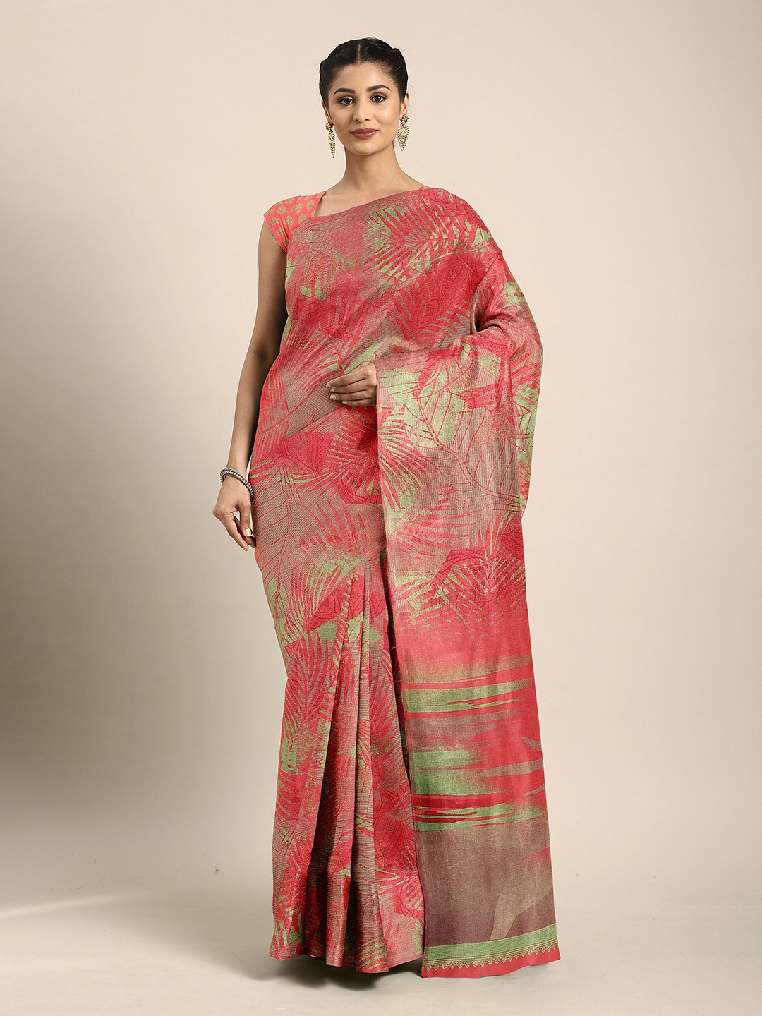 

The Chennai Silks Red & Fluorescent Green Floral Fusion Bhagalpuri Saree