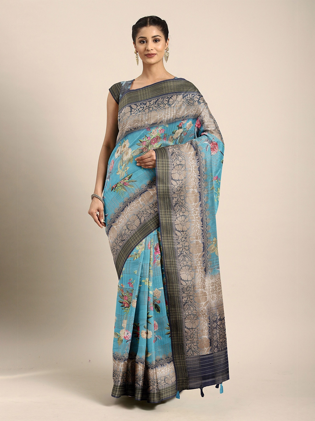 

The Chennai Silks Blue & Grey Floral Bhagalpuri Saree