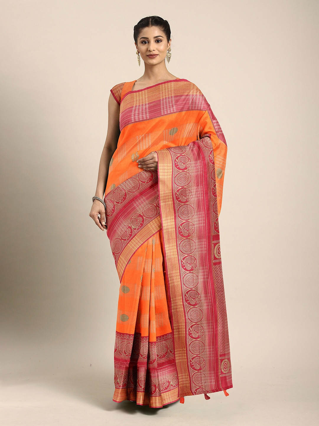 

The Chennai Silks Orange & Red Ethnic Motifs Zari Bhagalpuri Saree