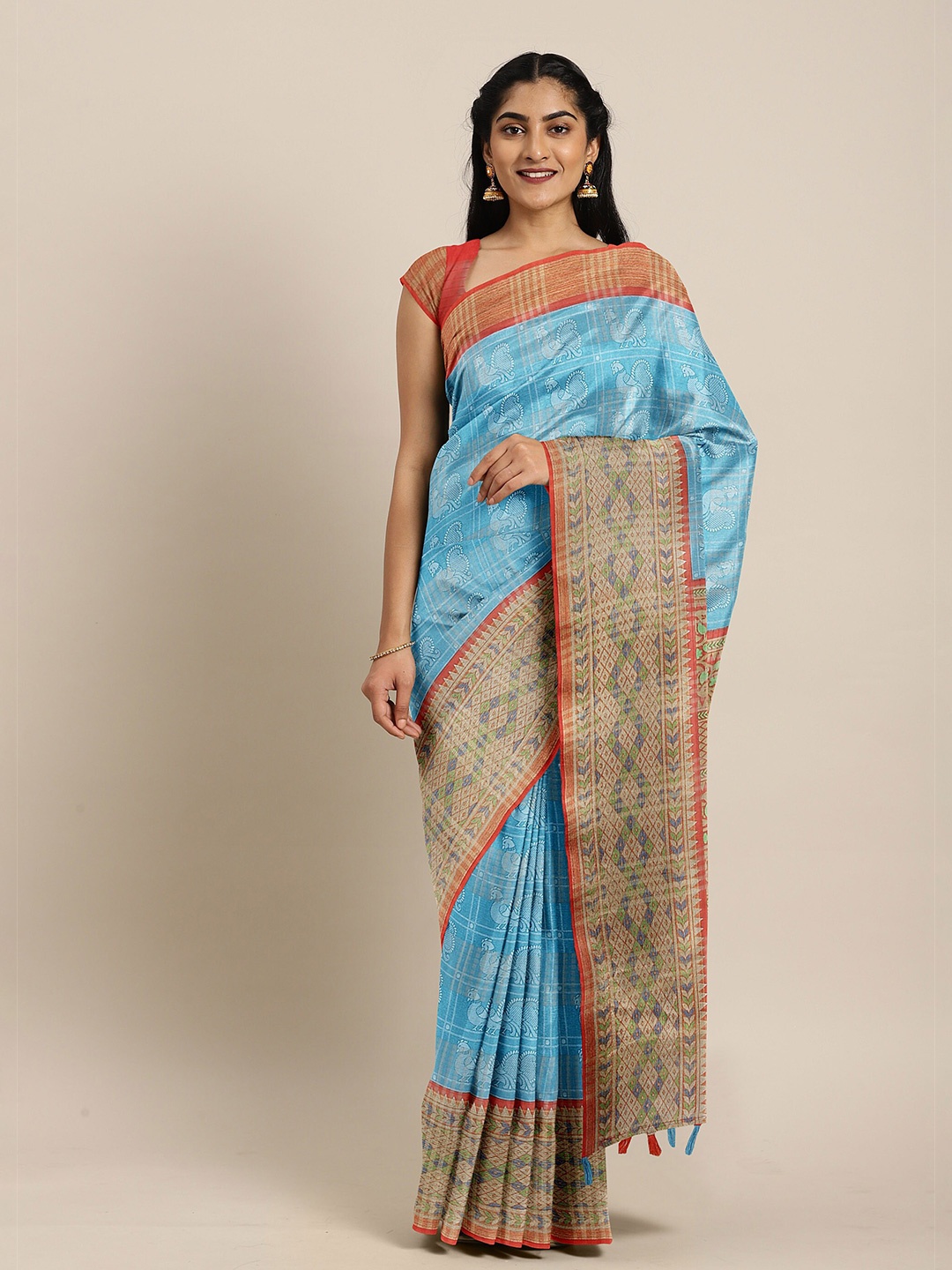 

The Chennai Silks Blue & Red Ethnic Motifs Bhagalpuri Saree