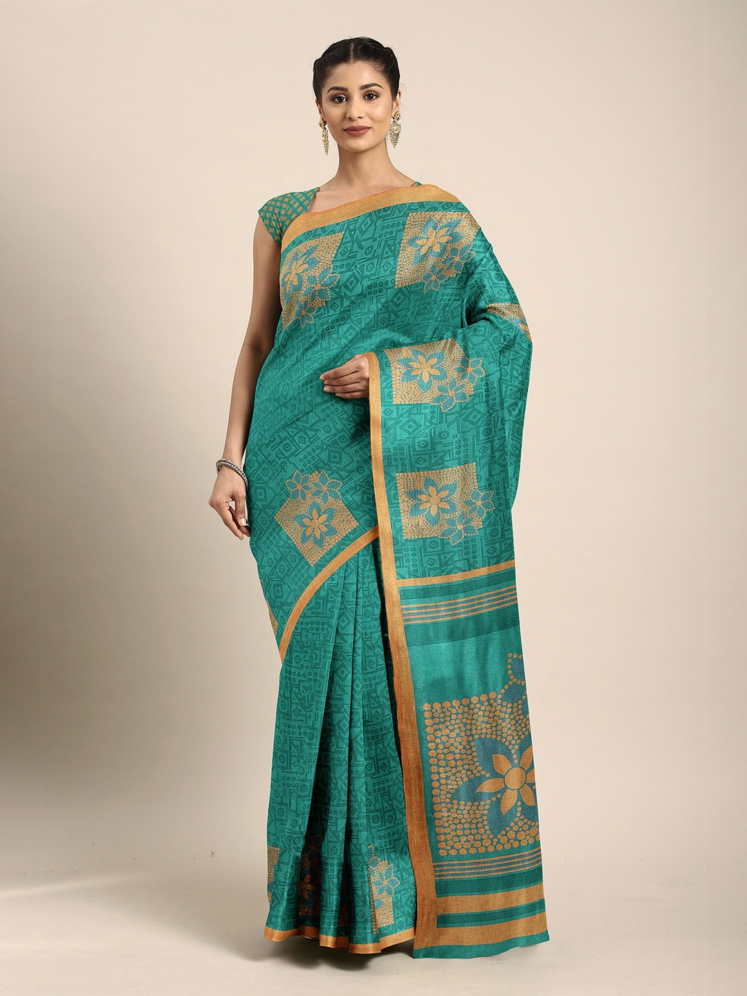 

The Chennai Silks Teal & Gold-Toned Floral Printed Zari Bhagalpuri Saree