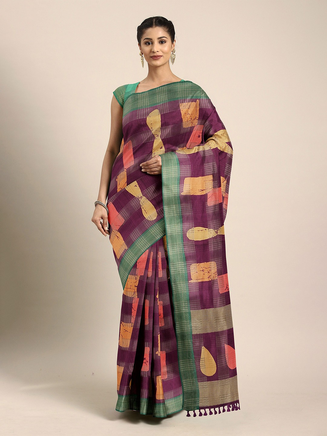 

The Chennai Silks Purple & Gold-Toned Zari Fusion Bhagalpuri Saree