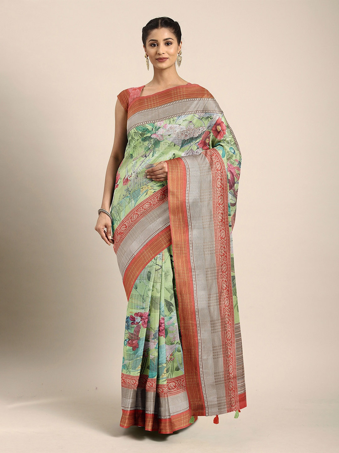

The Chennai Silks Women Fluorescent Green Ethnic Motifs Printed Saree
