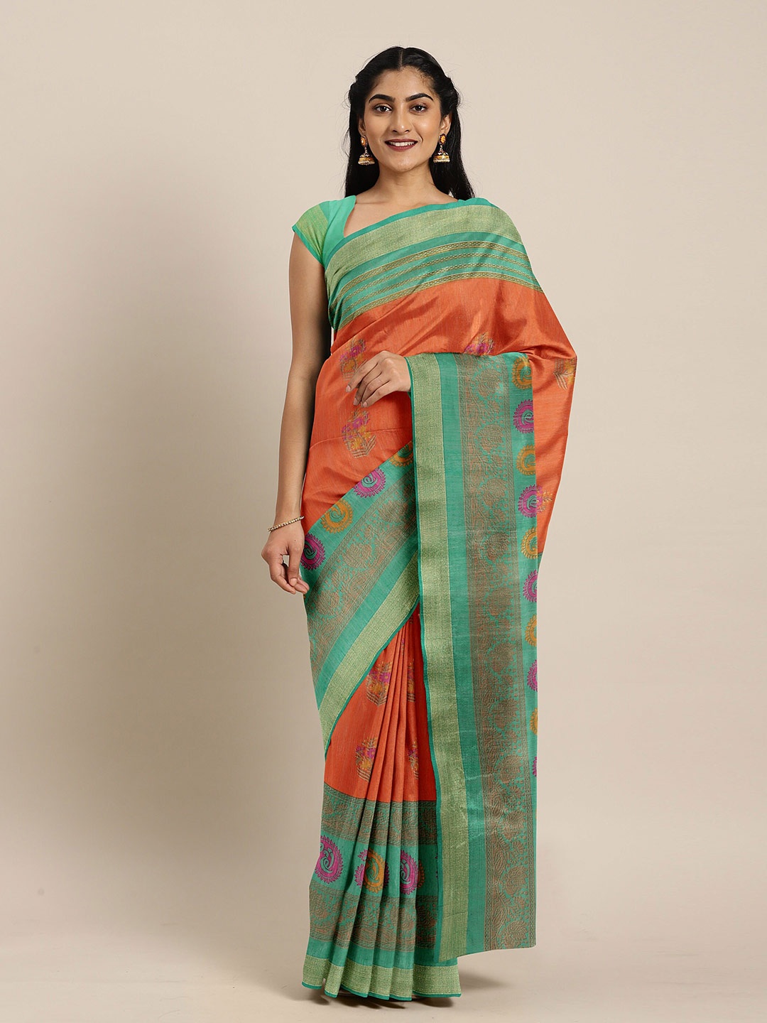

The Chennai Silks Orange & Green Floral Zari Bhagalpuri Saree