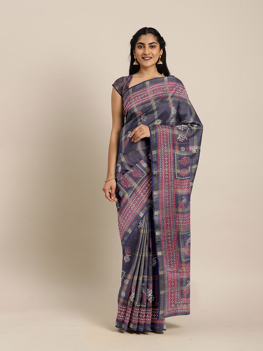 

The Chennai Silks Navy Blue & Pink Floral Bhagalpuri Saree