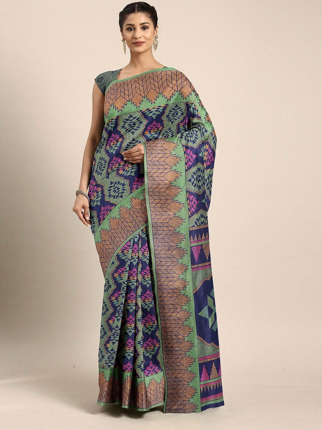 

The Chennai Silks Navy Blue & Green Bhagalpuri Saree