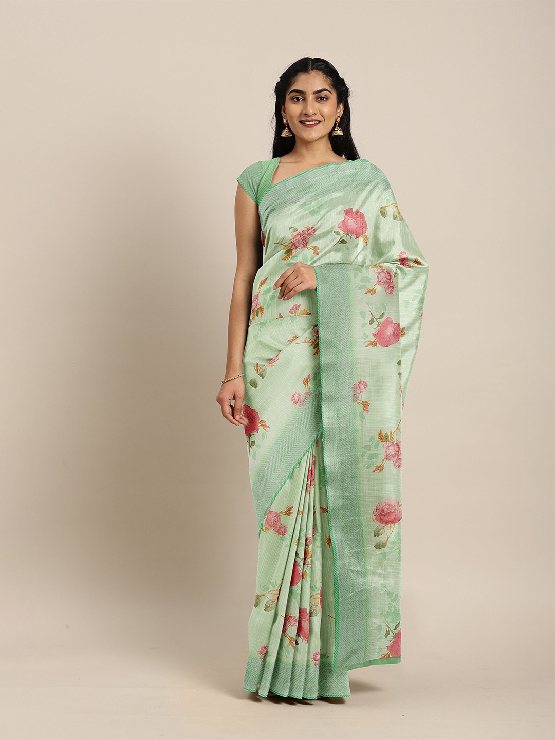 

The Chennai Silks Green & Pink Floral Bhagalpuri Saree