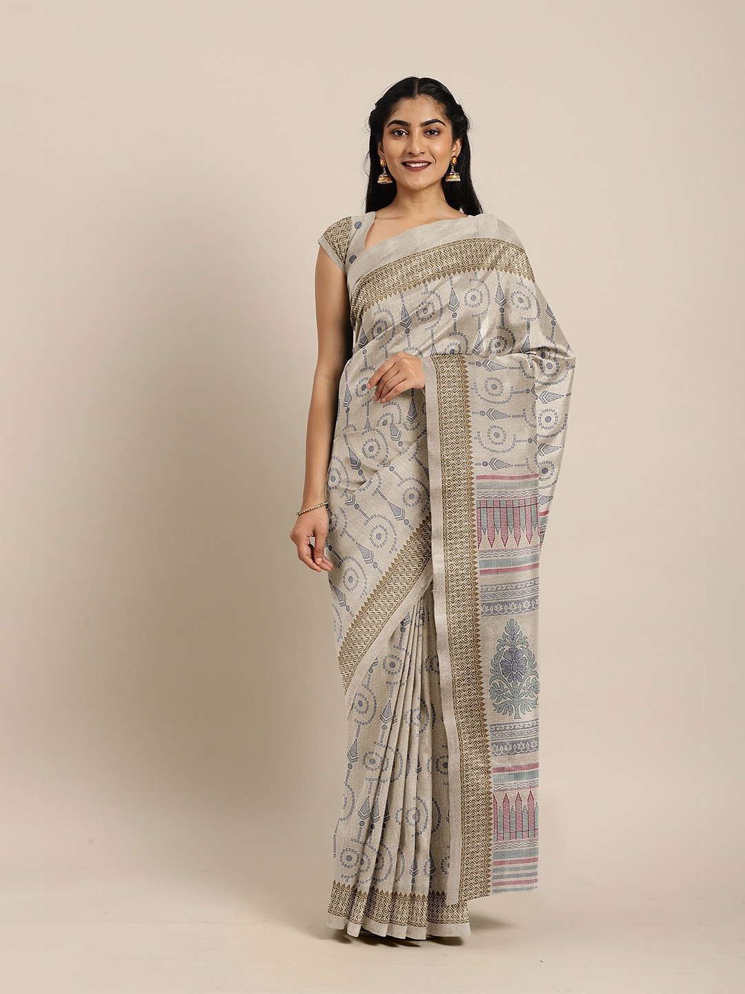 

The Chennai Silks Women Beige Ethnic Motifs Printed Saree