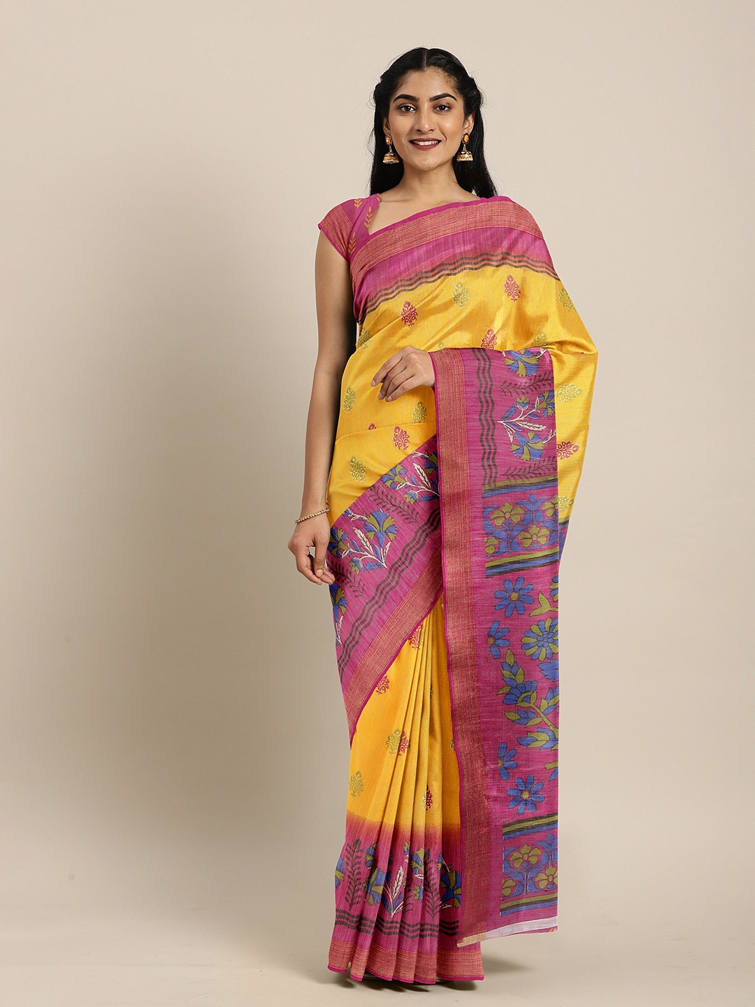 

The Chennai Silks Yellow & Pink Floral Zari Bhagalpuri Saree