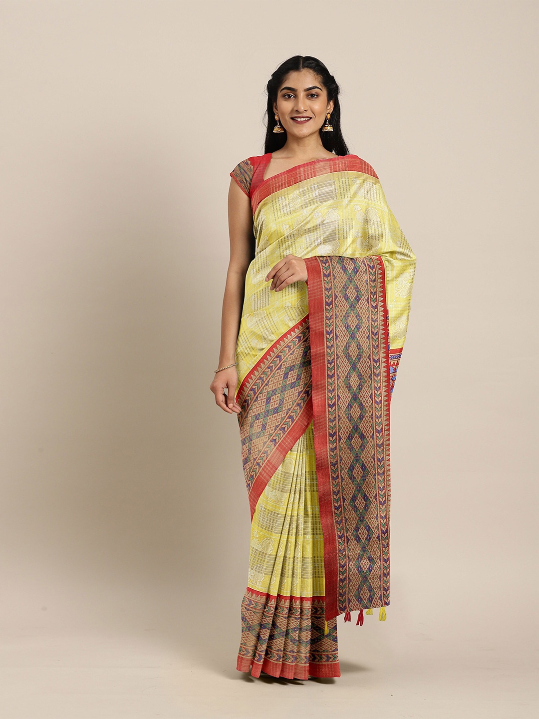 

The Chennai Silks Yellow & Gold-Toned Floral Bhagalpuri Saree