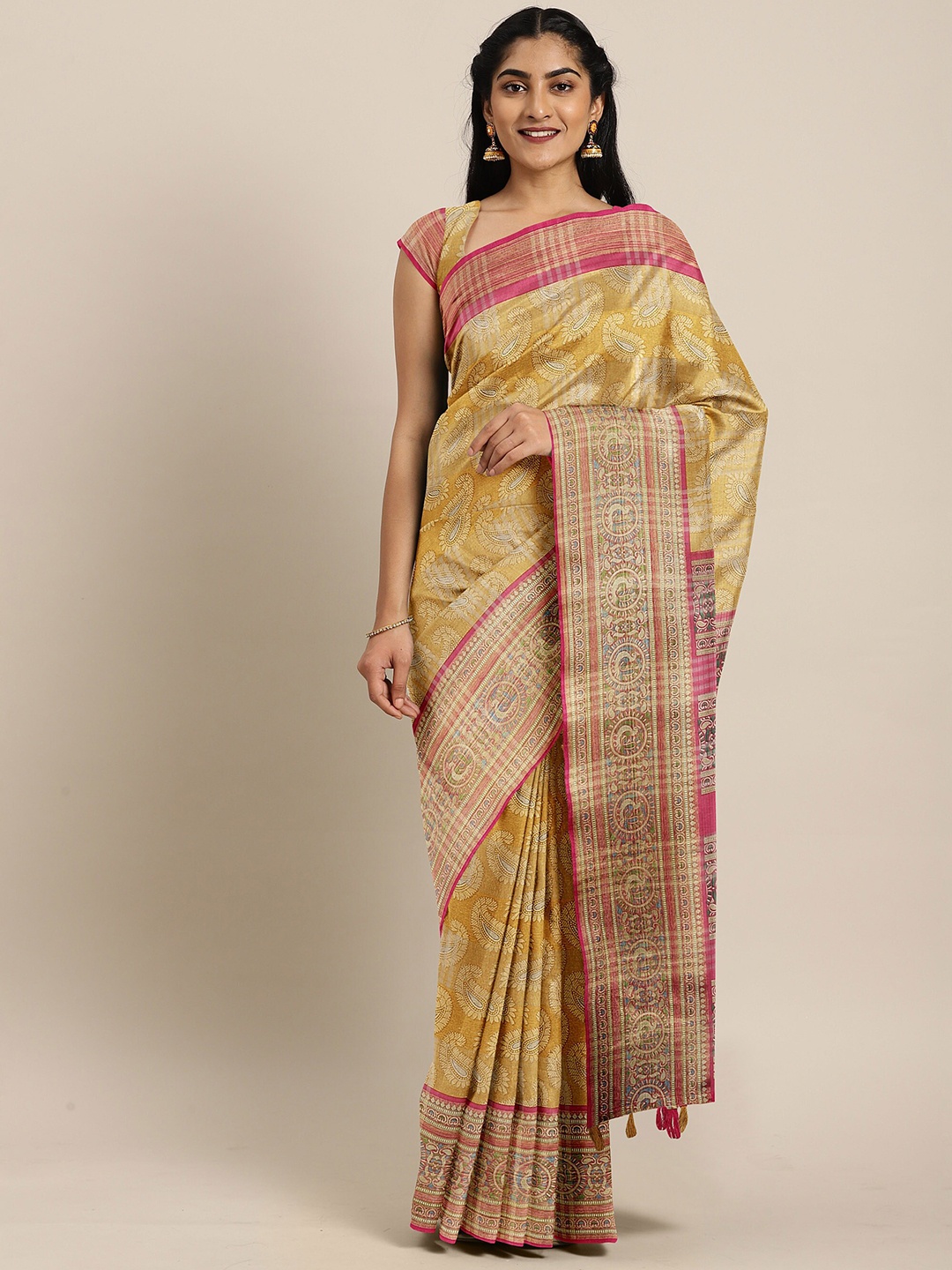 

The Chennai Silks Mustard & Magenta Ethnic Motifs Bhagalpuri Saree