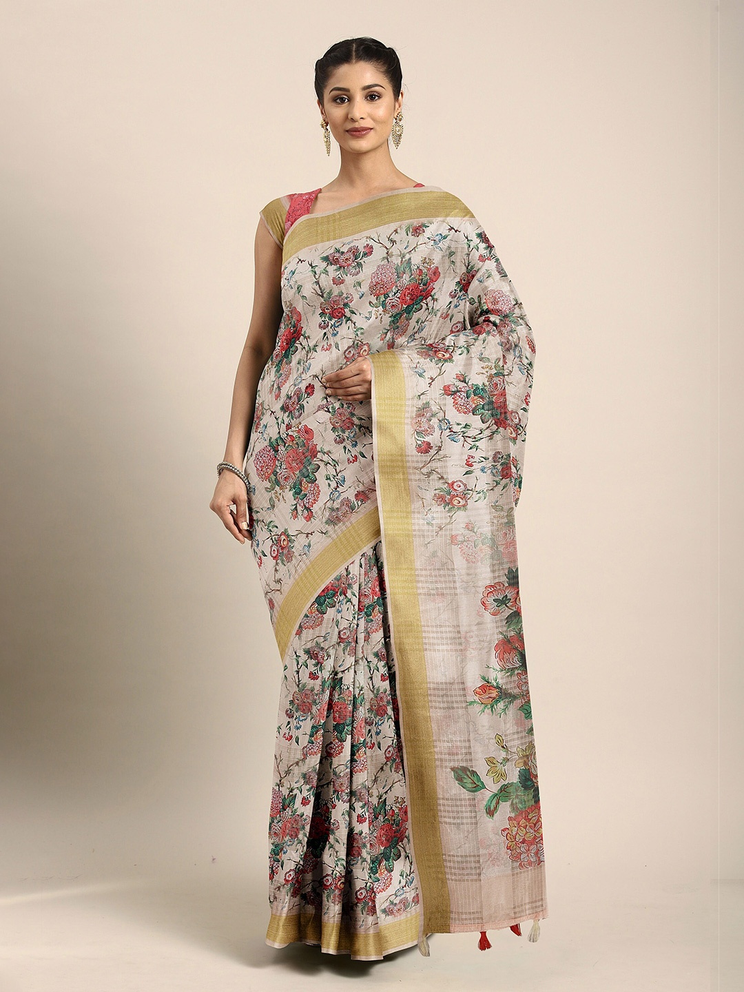 

The Chennai Silks Off-White & Pink Floral Zari Bhagalpuri Saree