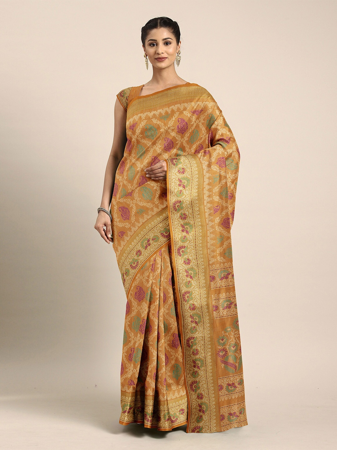 

The Chennai Silks Mustard & Pink Floral Zari Bhagalpuri Saree