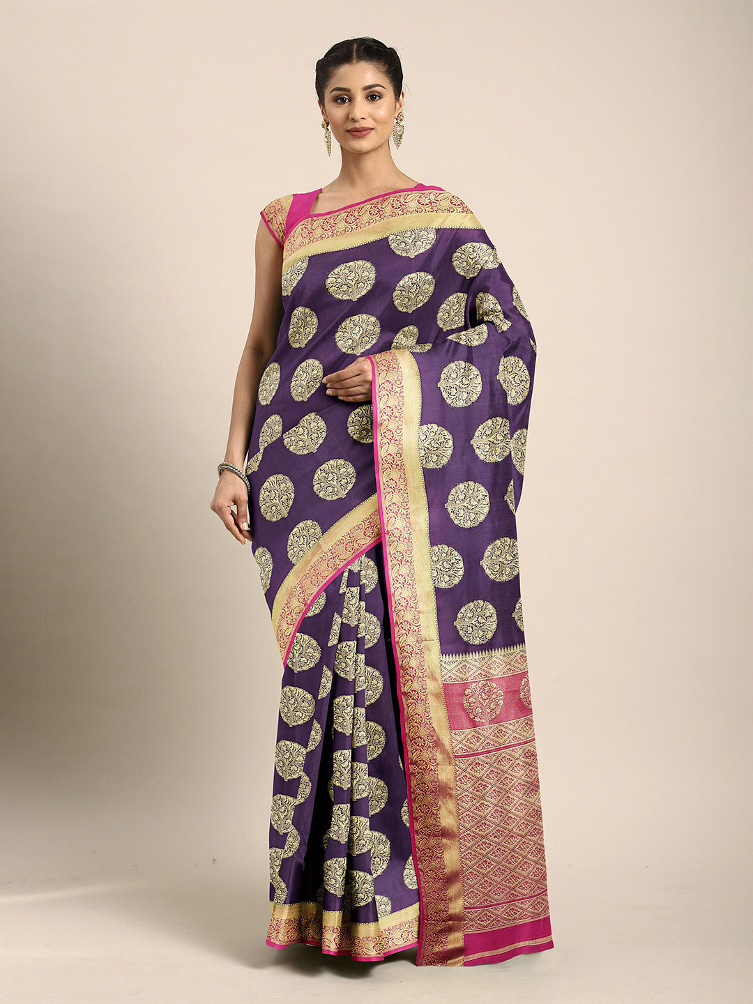

The Chennai Silks Violet & Gold-Toned Floral Saree