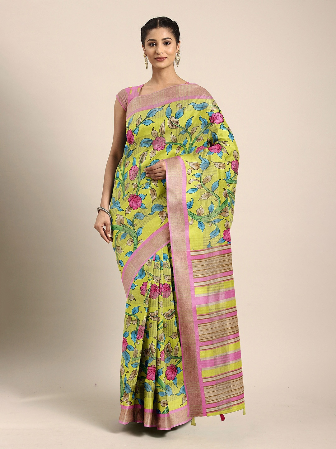 

The Chennai Silks Fluorescent Green & Pink Floral Bhagalpuri Saree