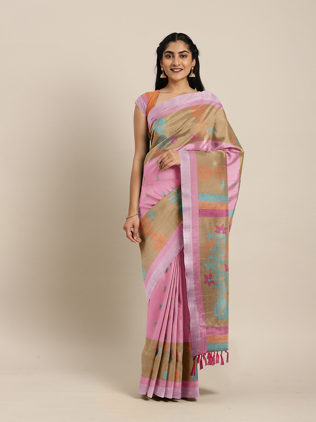 

The Chennai Silks Pink & Blue Floral Zari Bhagalpuri Saree