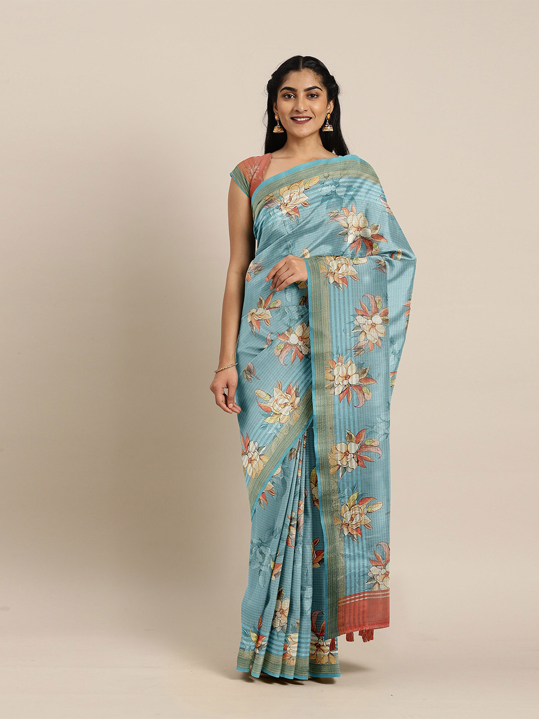 

The Chennai Silks Green & Cream-Coloured Floral Zari Bhagalpuri Saree