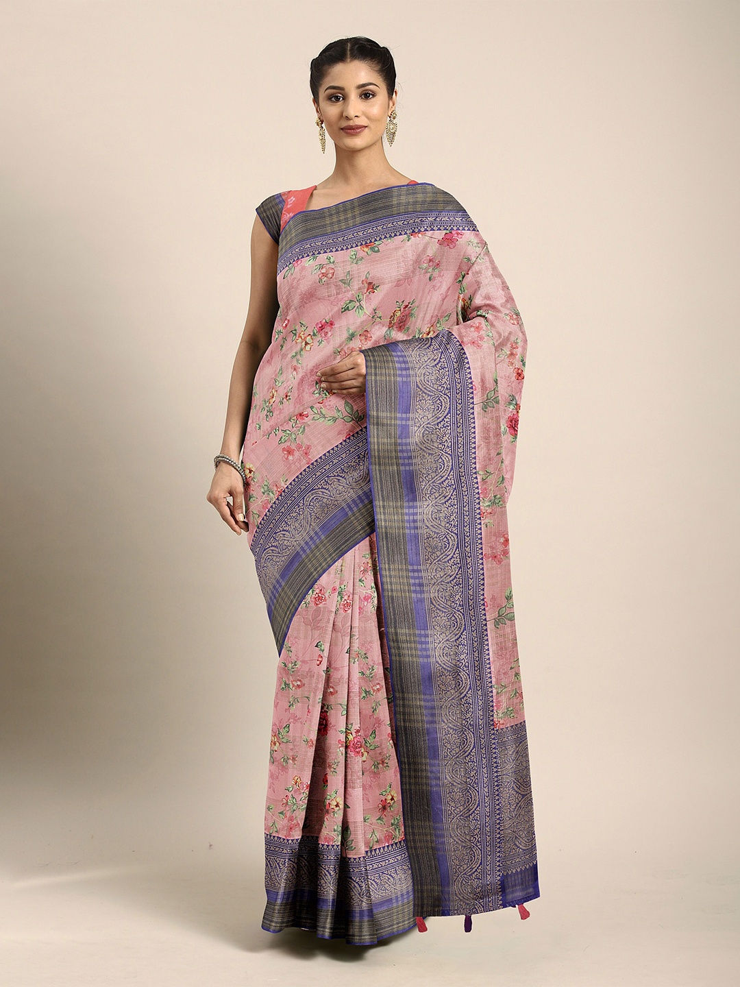 

The Chennai Silks Pink & Blue Floral Bhagalpuri Saree