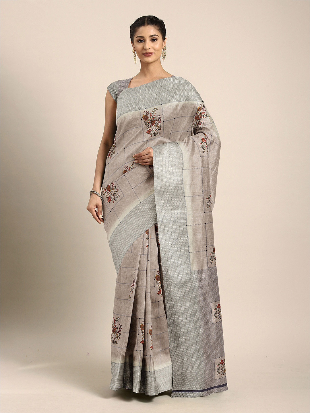 

The Chennai Silks Beige & Grey Floral Bhagalpuri Saree