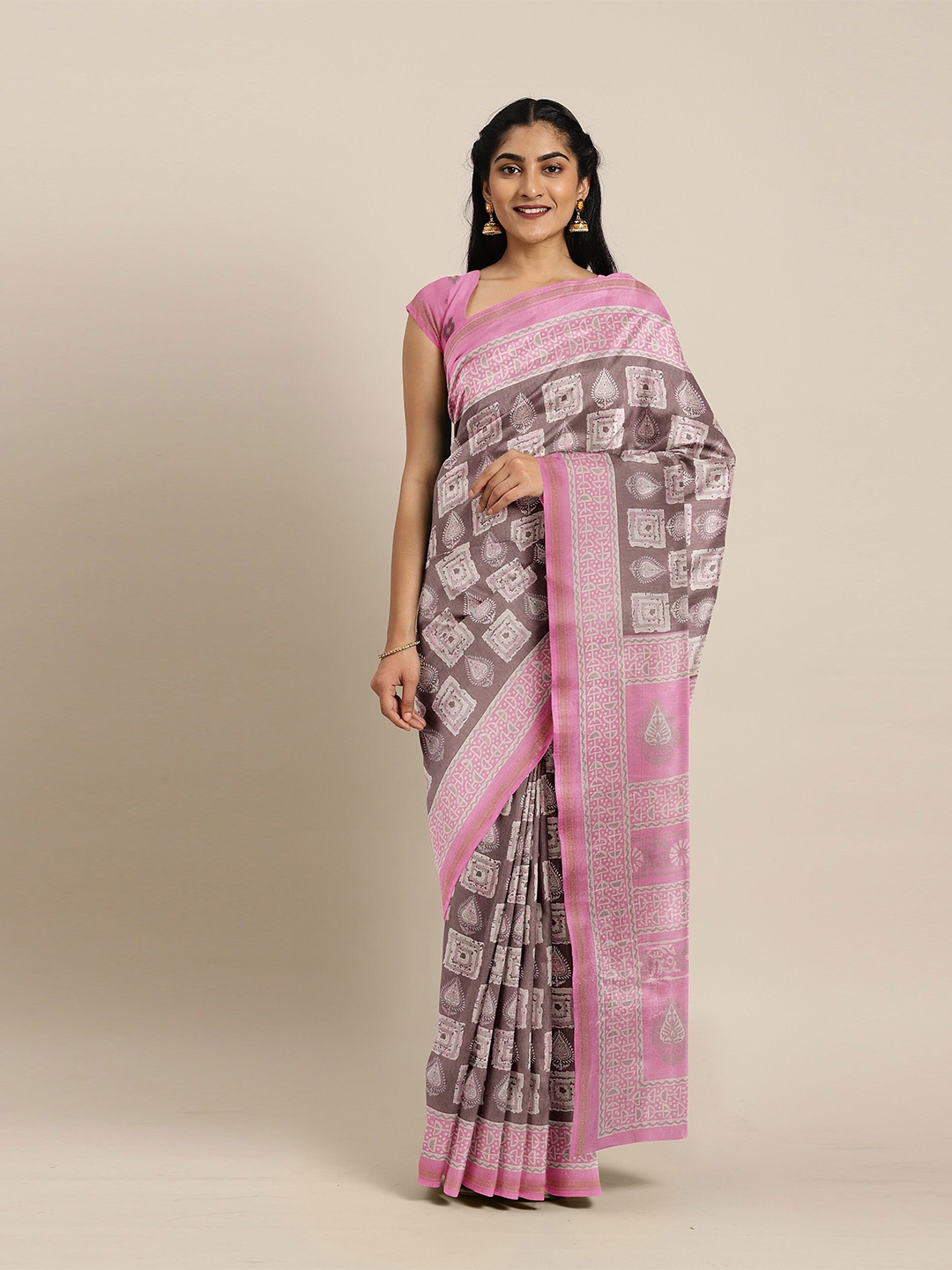 

The Chennai Silks Brown & White Ethnic Motifs Bhagalpuri Saree