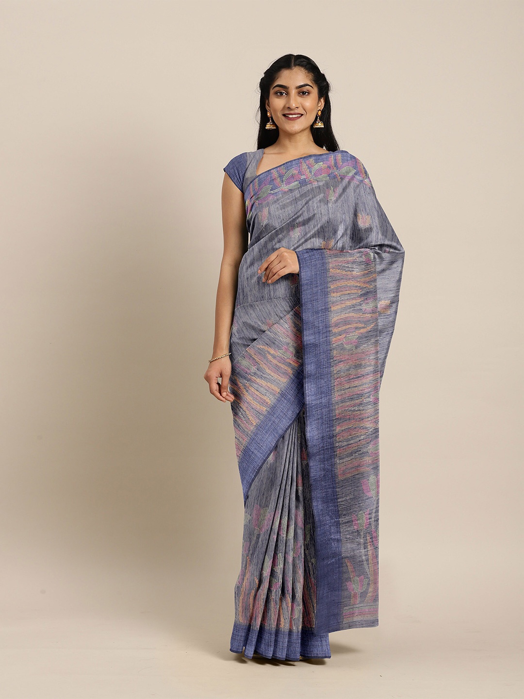 

The Chennai Silks Navy Blue & Pink Printed Bhagalpuri Saree
