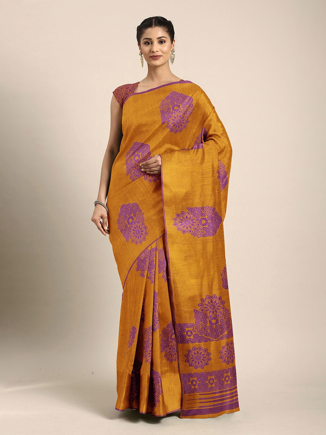 

The Chennai Silks Mustard & Purple Floral Bhagalpuri Saree
