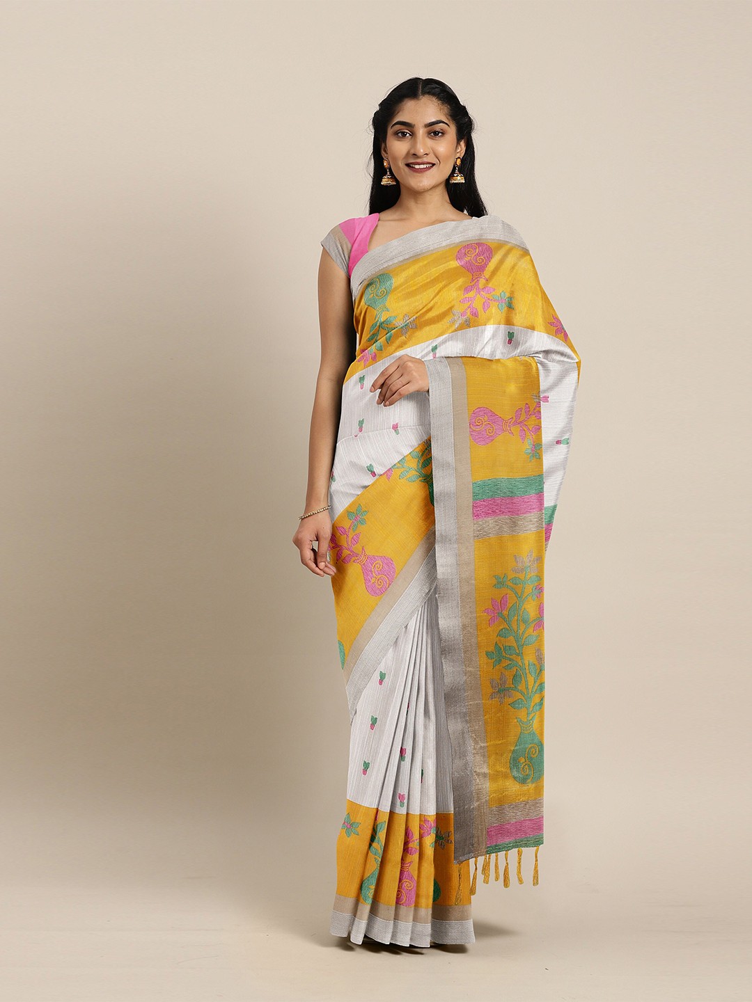 

The Chennai Silks Off White & Yellow Floral Bhagalpuri Saree