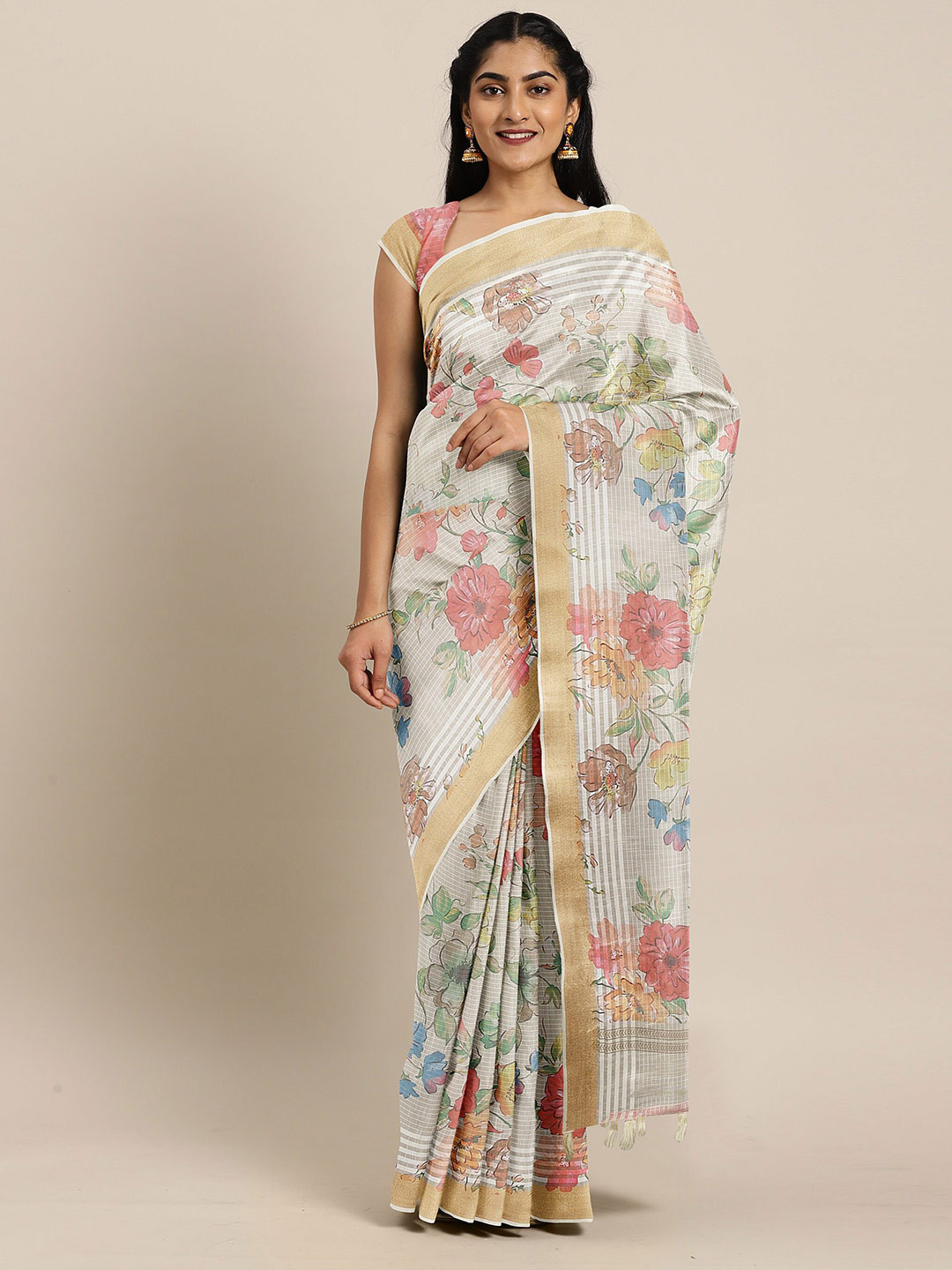 

The Chennai Silks Cream-Coloured & Gold-Toned Floral Zari Fusion Bhagalpuri Saree