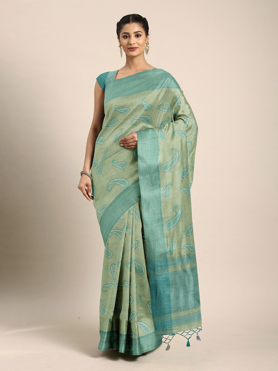 

The Chennai Silks Green & Turquoise Blue Paisley Embroidered Jute Cotton Saree