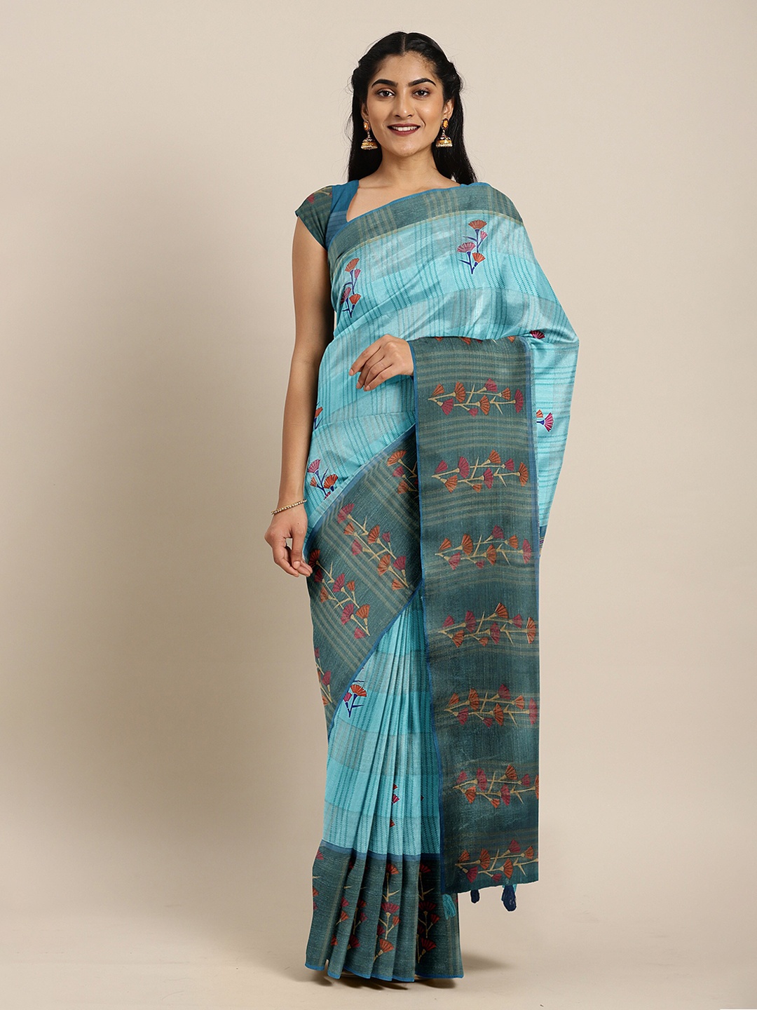 

The Chennai Silks Blue & Gold-Toned Floral Bhagalpuri Saree