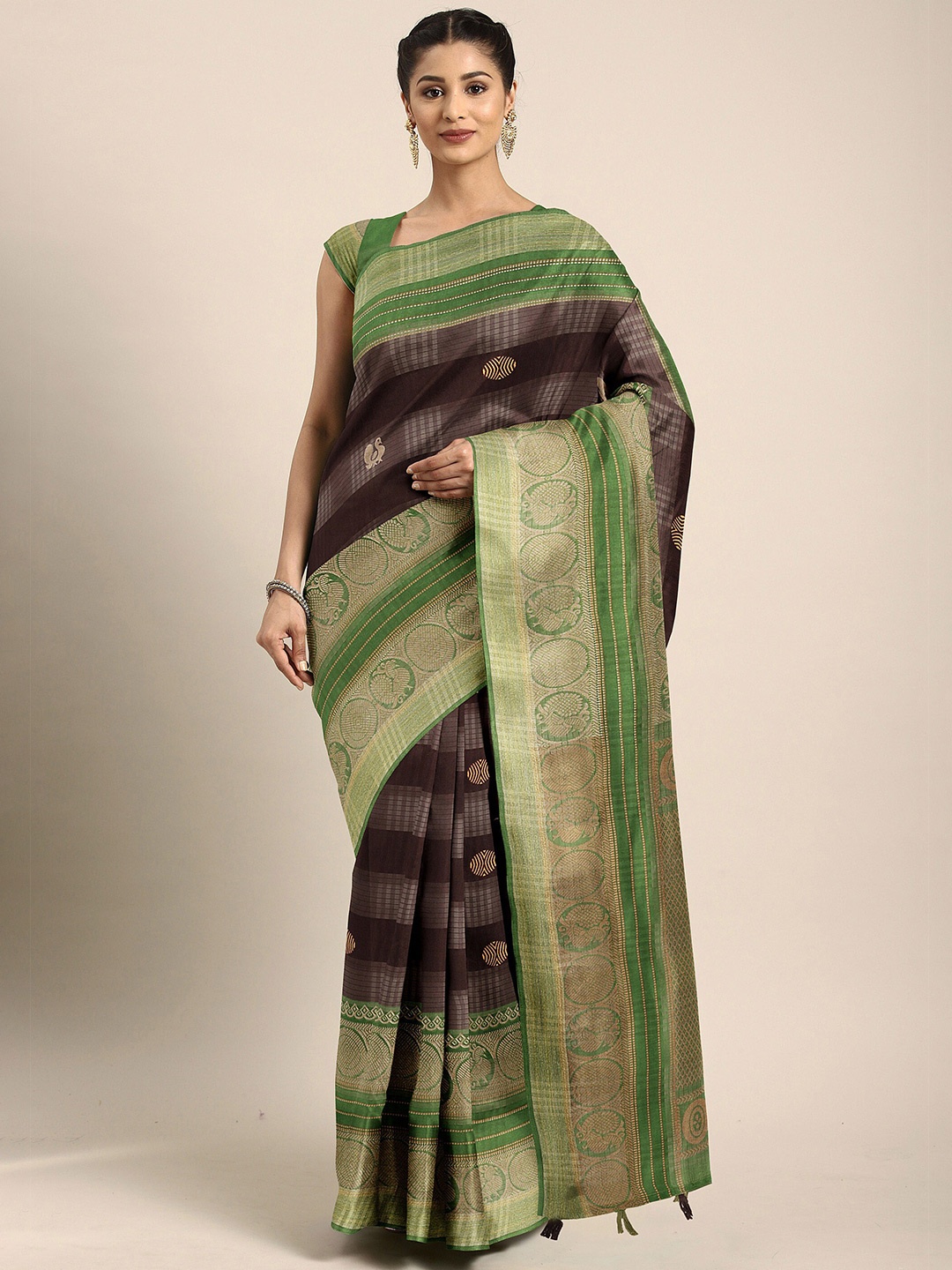 

The Chennai Silks Brown & Green Ethnic Motifs Zari Bhagalpuri Saree